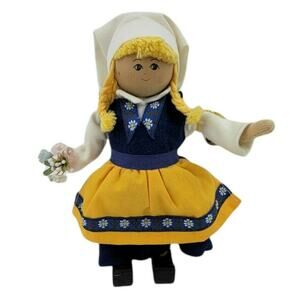 Original Butticki Of Sweden Handmade Wood Doll In Dress With Flowers 8" Tall